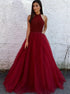 A Line Halter Open Back Dark Red Tulle Prom Dresses with Beadings LBQ0234
